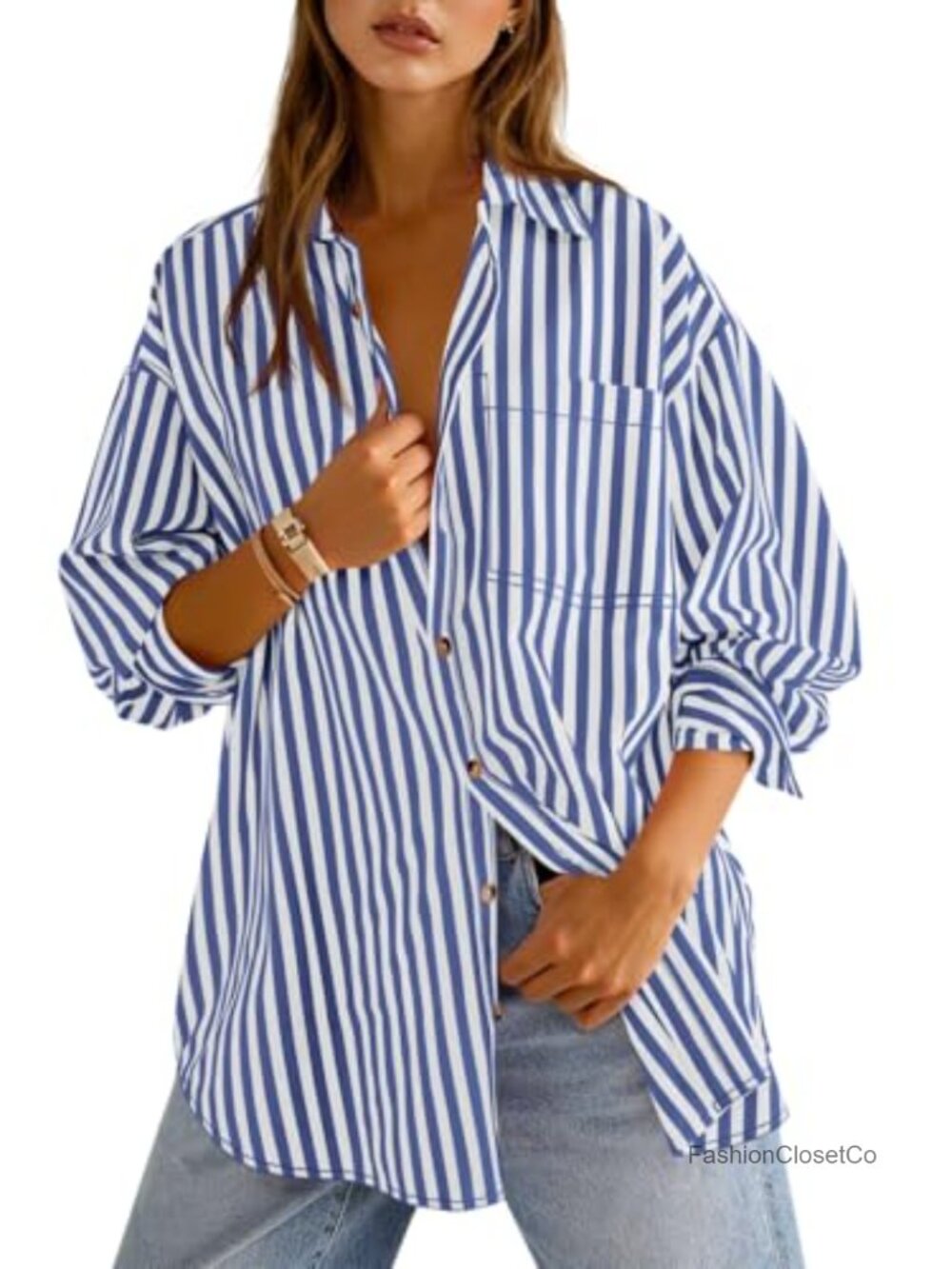 Oversized Striped Button Down Shirt Long Sleeve Collared Blouse